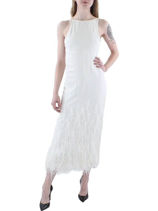 Aja Womens Feather Trim Halter Cocktail and Party Dress