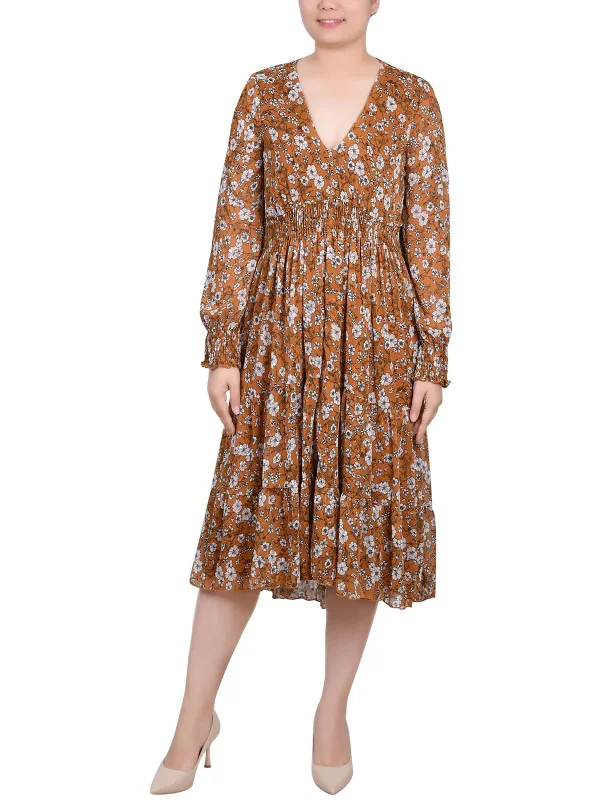 Petites Womens Chiffon Floral Midi Dress