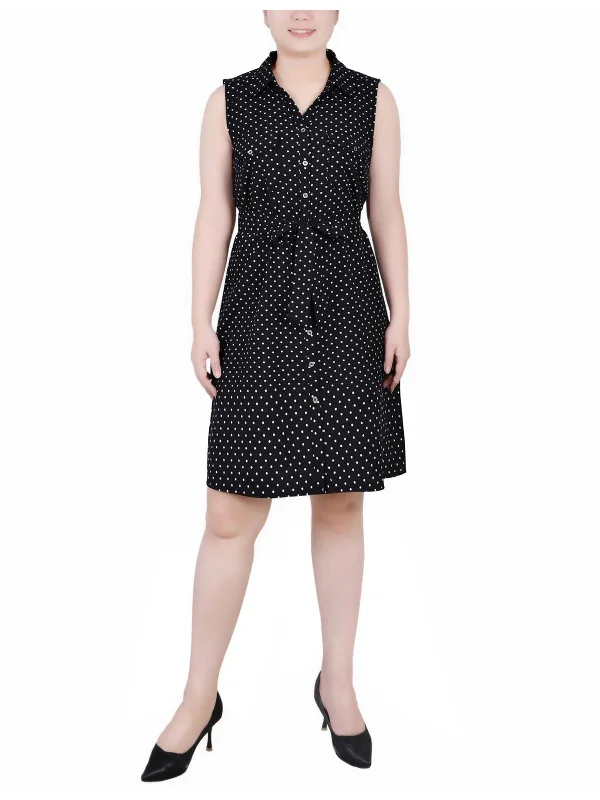 Petites Womens Printed Sleeveless Shirtdress