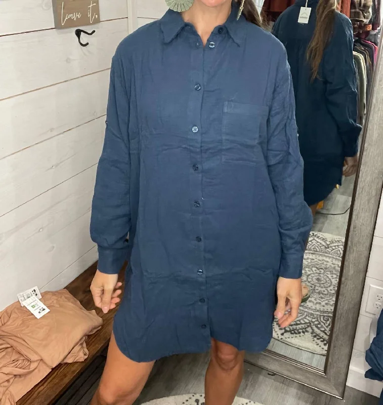 Gauze Oversized Long Sleeve Shirt Dress In Navy