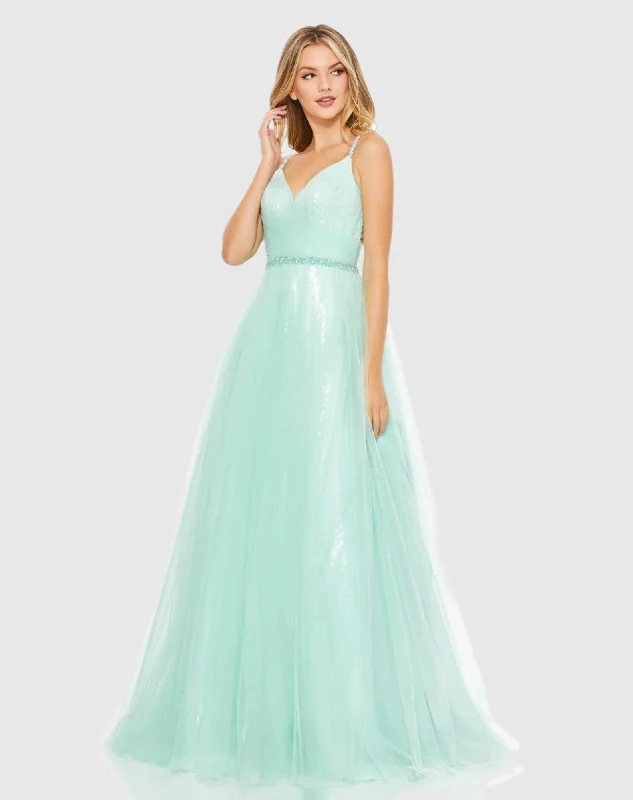 V-Neck Tulle Ballgown with Embellished Belt - FINAL SALE