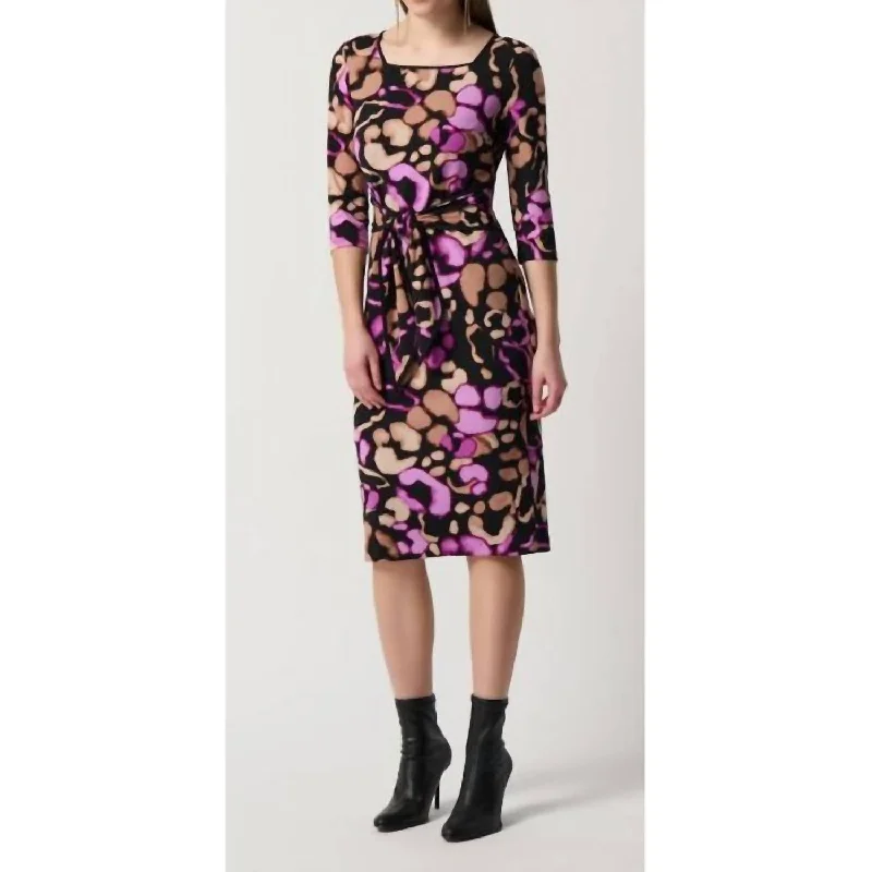 Sheath Dress With Sash In Black/pink/tan Bold Print