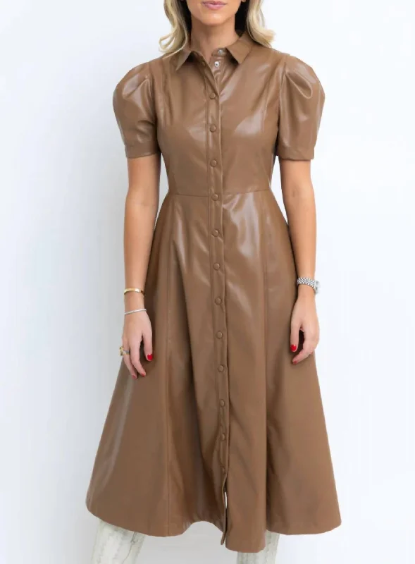 Midi Faux Leather Shirt Dress In Brown