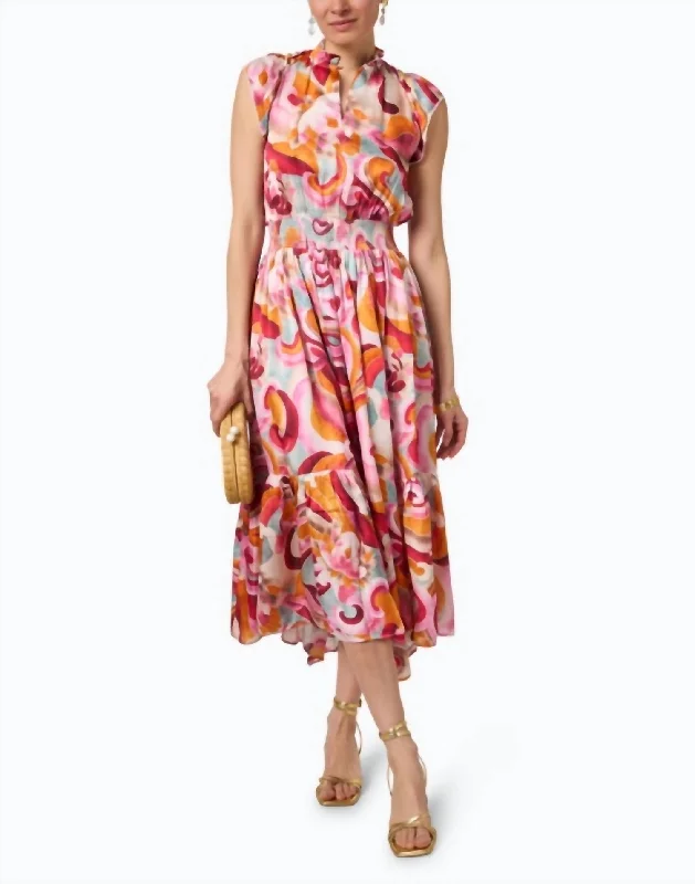 Cairo Multi Print Cotton Dress In Hem Orange