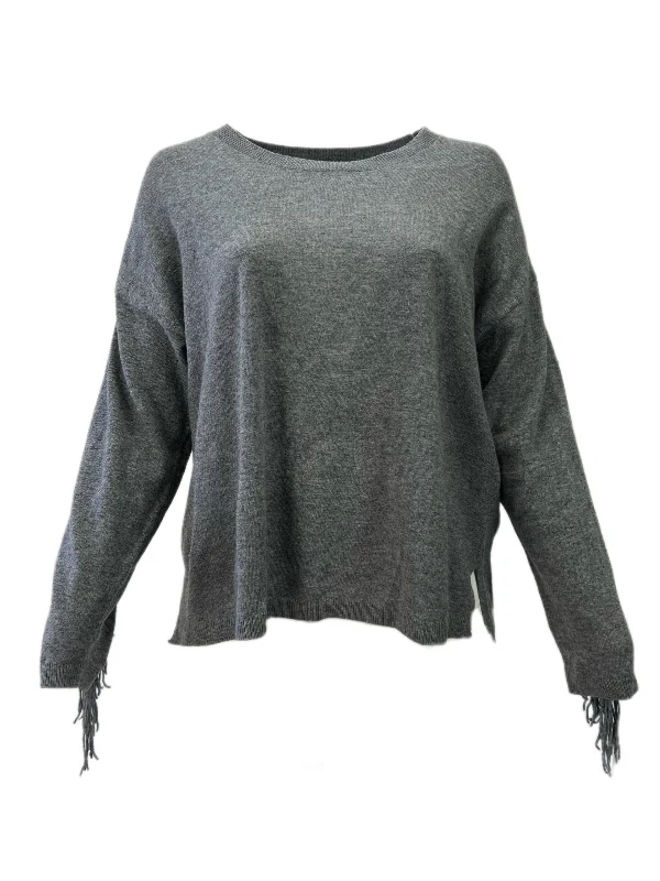 Marina Rinaldi Women's Grey Aereo Fringed Knitted Sweater NWT