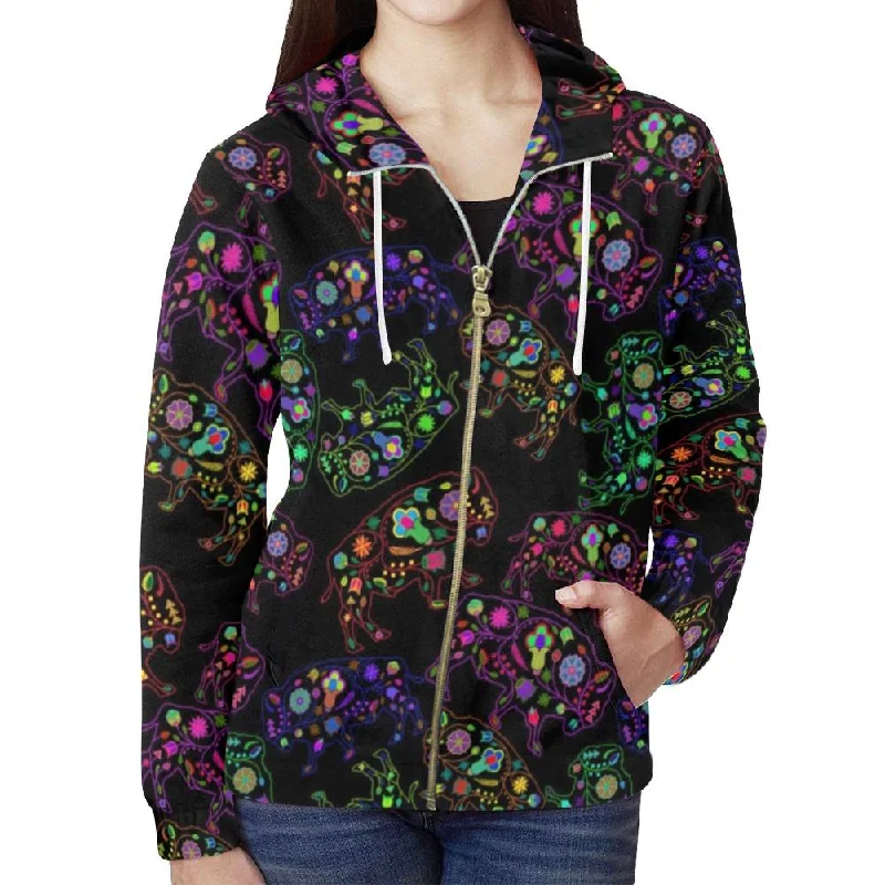 Neon Floral Buffalos Full Zip Hoodie for Women