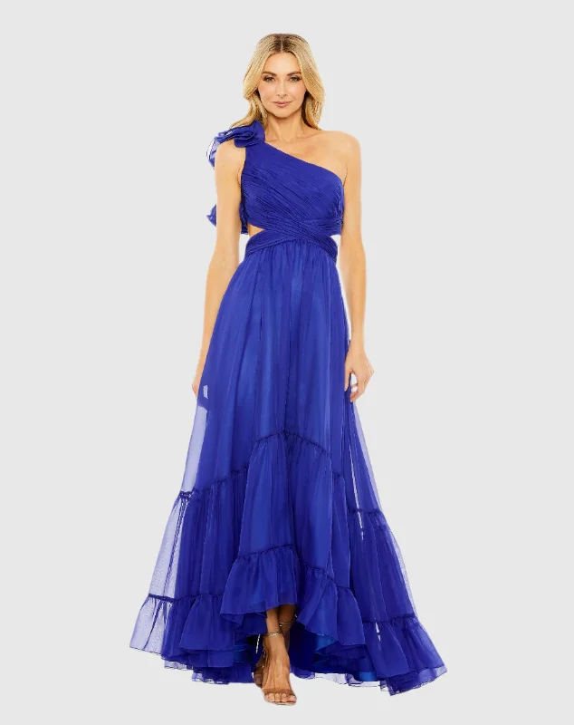 Blue One Shoulder Ruffle Tiered Cut-Out Chiffon Gown