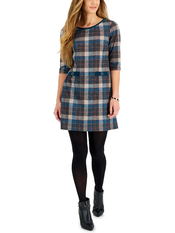 Petites Womens Plaid Short Shift Dress