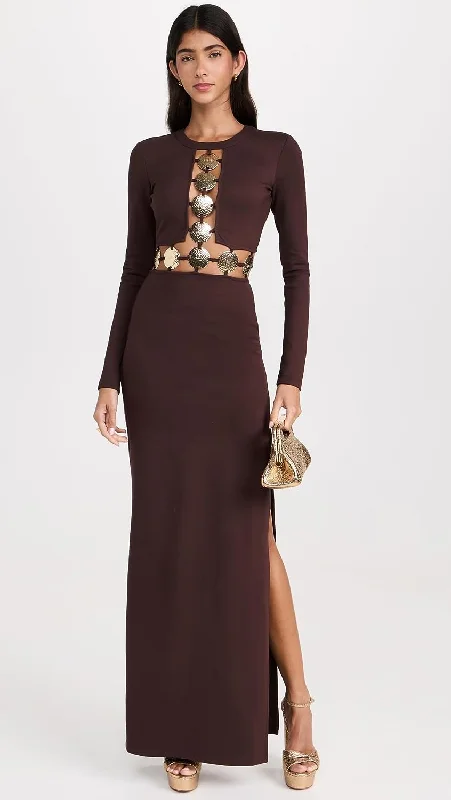 STAUD Women Delphine Dress Dark Chocolate Brown Maxi Gown