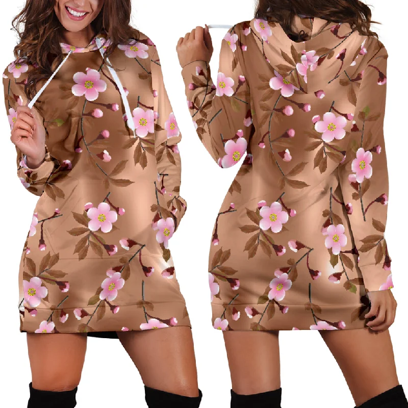 Pink Sakura Cherry Blossom Drak Brown Background Women'S Hoodie Dress