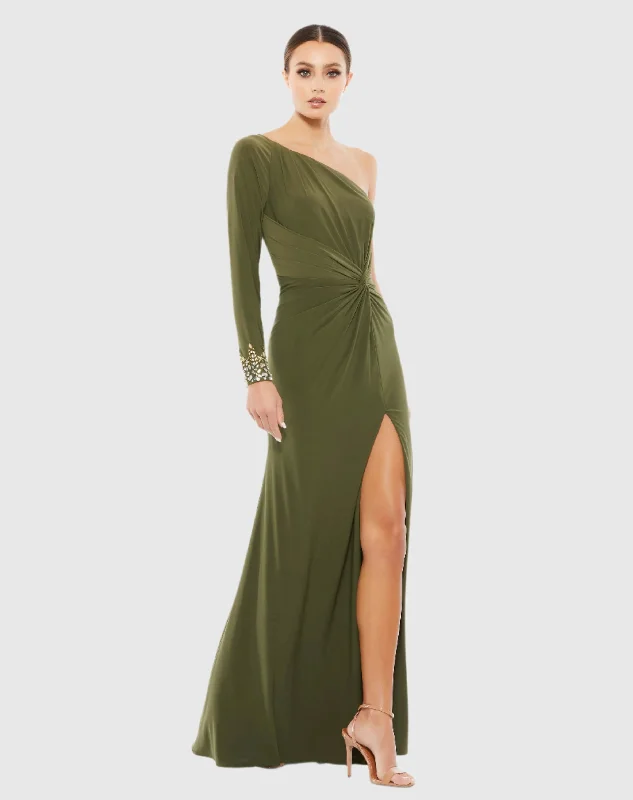 Green One Sleeve Beaded Cuff Side Twist Gown