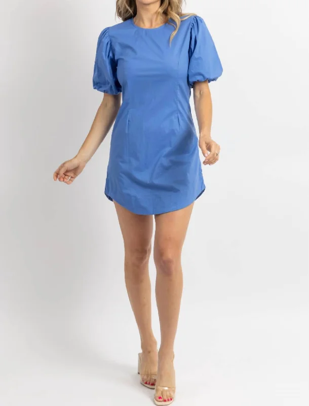 Azure Puff Sleeve Poplin Mini Dress In Blue