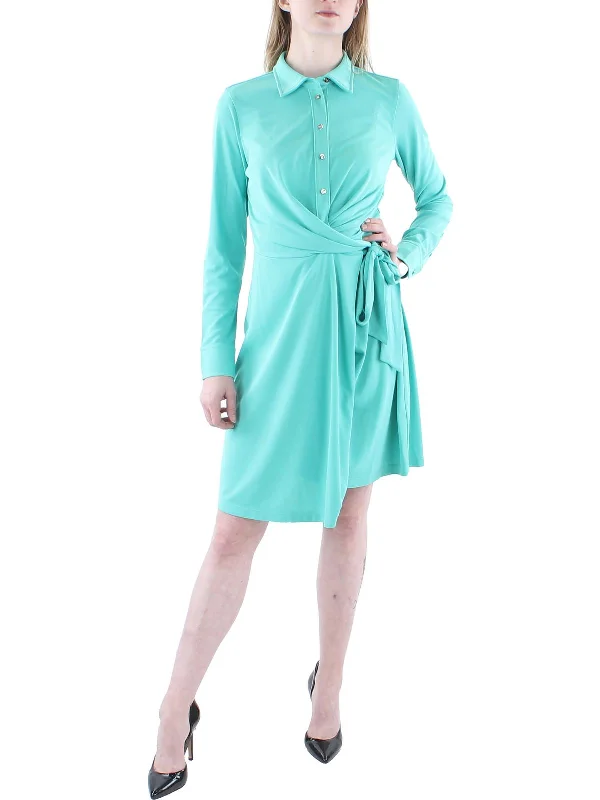 Womens Tie Waist Faux Wrap Shirtdress