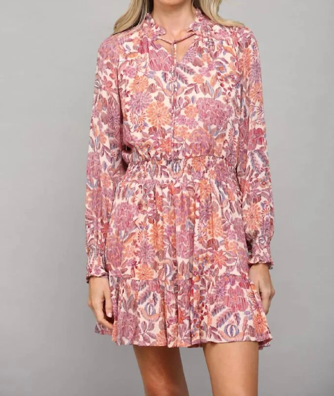 Floral Print With Lurex Long Sleeve Dress In Blush Multi