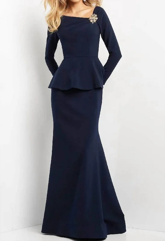 Peplum Long Sleeve Evening Gown In Navy