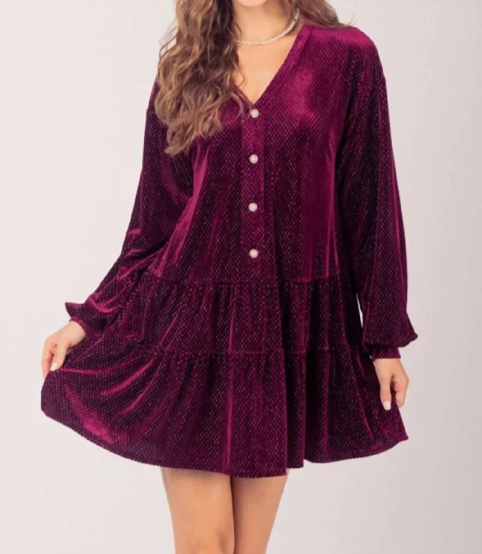 Velvet Flounce Dress In Burgundy