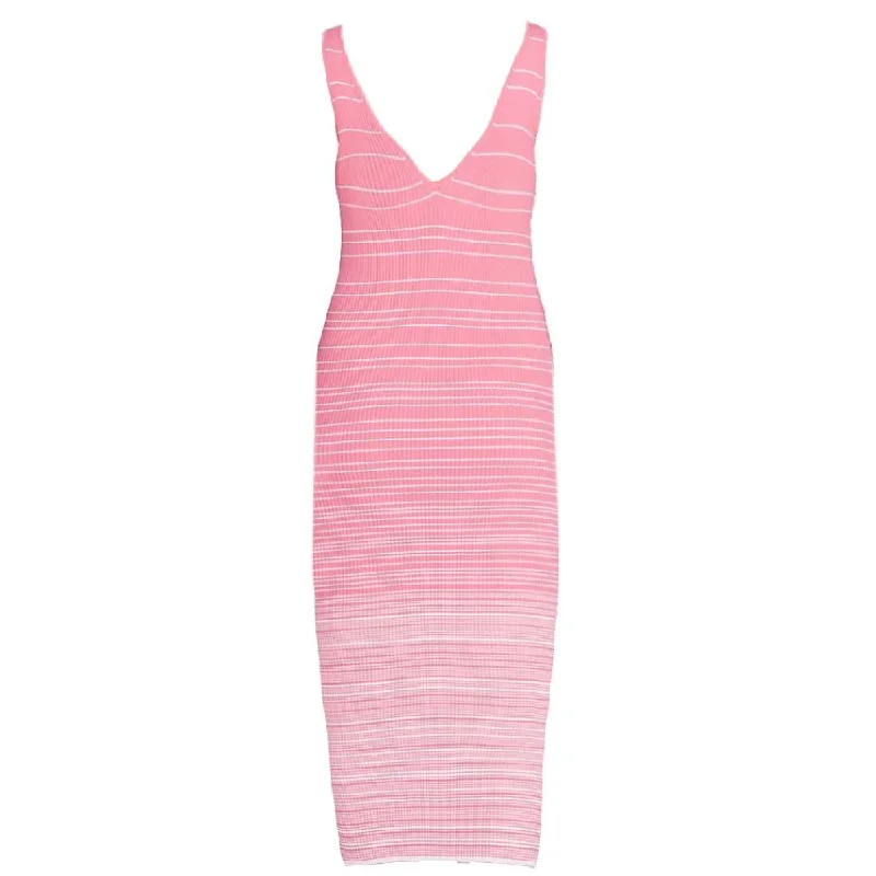 Staud Women Dana Coral Pink White Striped Dana Ribbed Knit Midi Dress