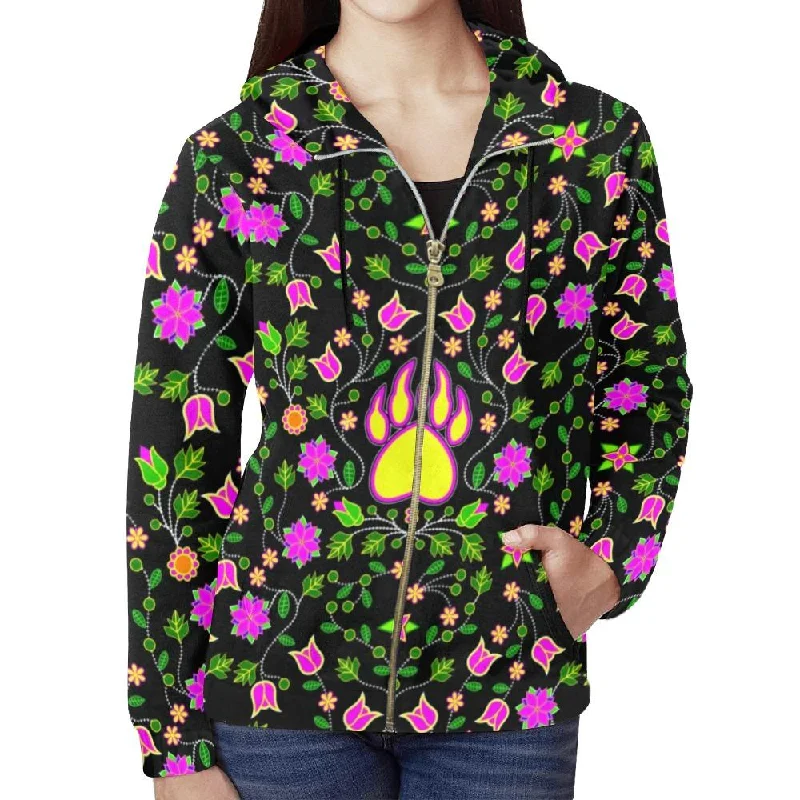 Floral Bearpaw Pink and Yellow Full Zip Hoodie for Women