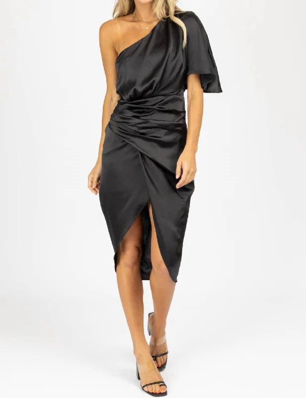 Asymmetric Satin Midi Dress In Black