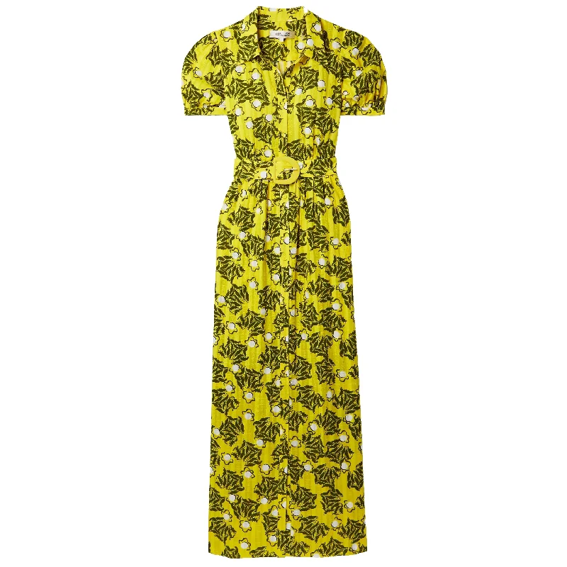 Diane von Furstenberg DVF Women's Paddy Olive Leaves Signature Yellow Belted Midi Dress