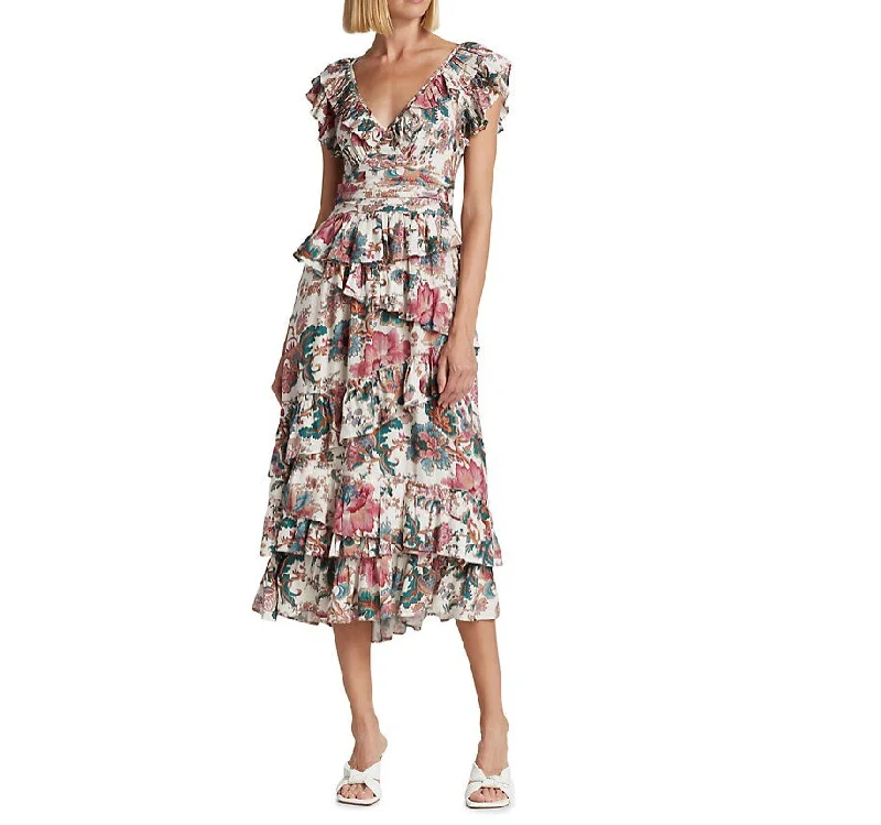 Love The Label Women Salome Lillie White Print Flutter Sleeves Lurex Midi Dress