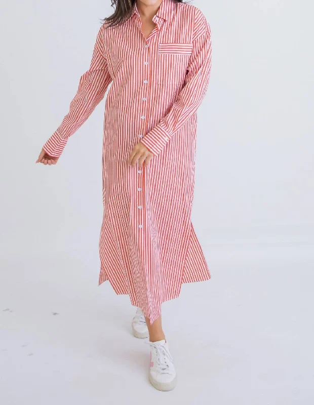 Stripe Poplin Pocket Maxi Shirt Dress In Orange