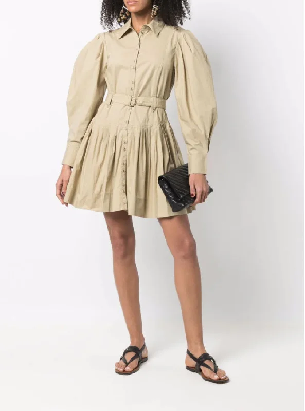 Ulla Johnson Women's Khaki Cotton Vivenne Pleated Long Sleeve Mini Dress