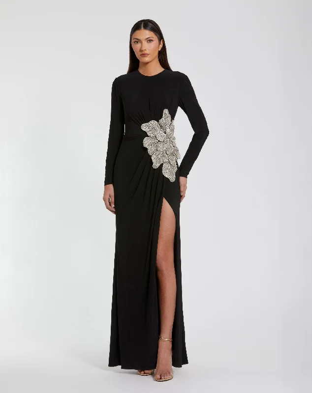 Black Jersey Gown With Embellished Flower