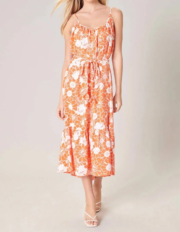 Apricot Floral Scoop Neck Midi Dress In Orange/white