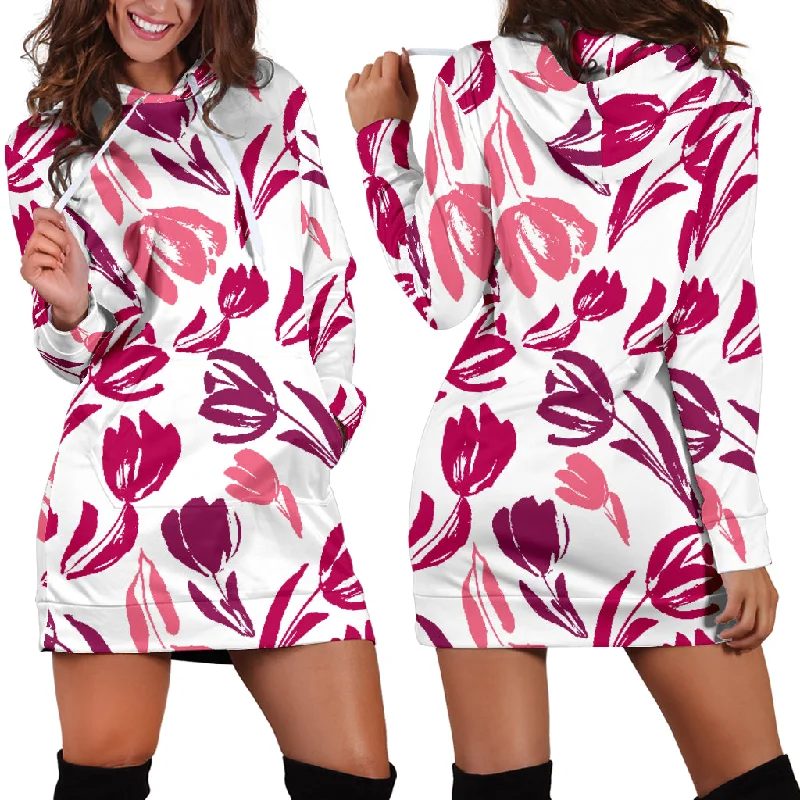 Pink Sketch Tulip Pattern Women'S Hoodie Dress