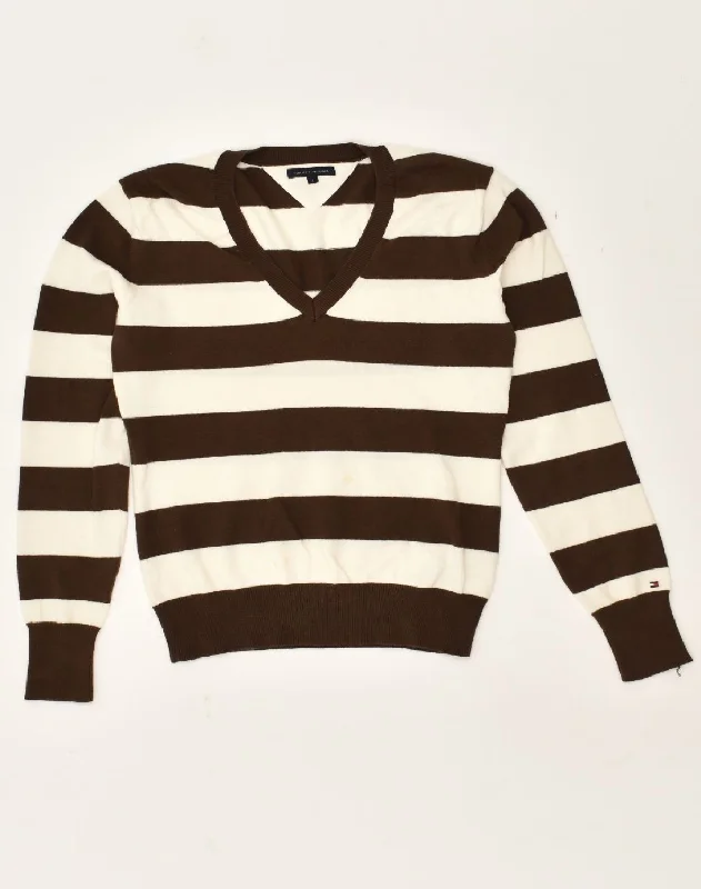 TOMMY HILFIGER Womens V-Neck Jumper Sweater UK 10 Small Brown Striped