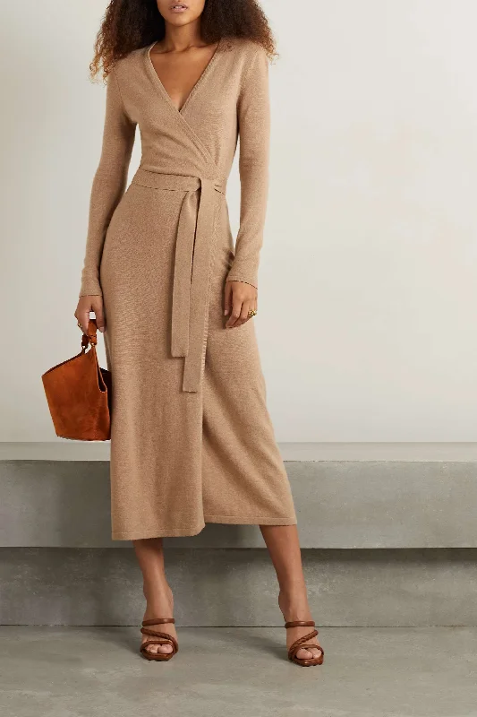 Diane Von Furstenberg Dvf Astrid Wool Cashmere Wrap Midi Dress Camel