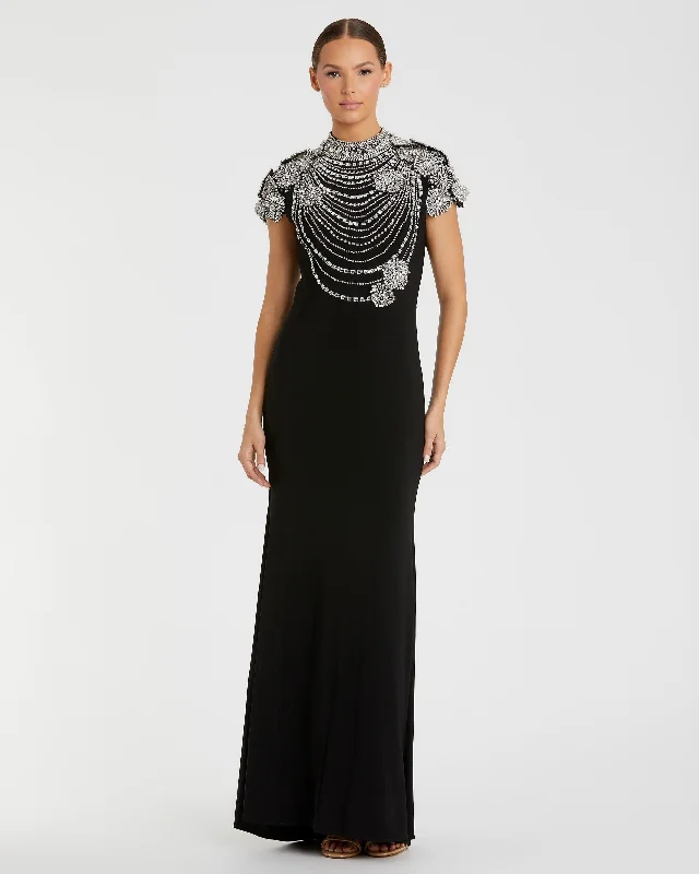 Black High Neck Embellished Column Gown