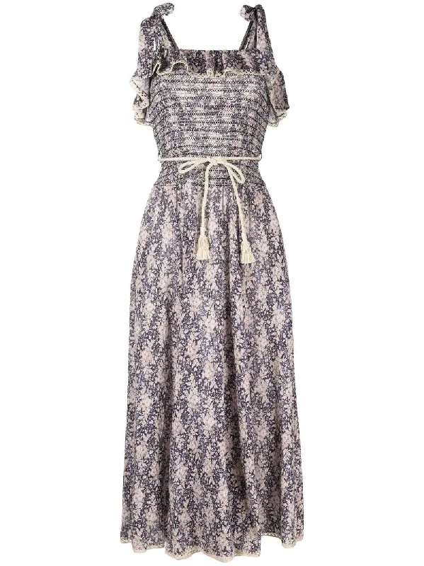 Zimmermann Vitali Shirred Midi Dress Indigo Daisy Floral