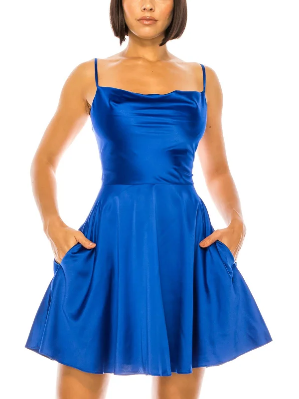 Juniors Womens Satin Mini Fit & Flare Dress