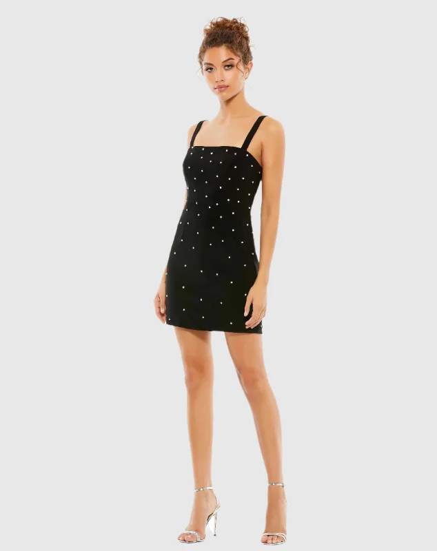 Sleeveless Rhinestone Encrusted Square Neck Mini Dress - FINAL SALE