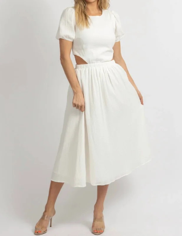 Puff Sleeve Waist Cutout Midi Dress In Ivory