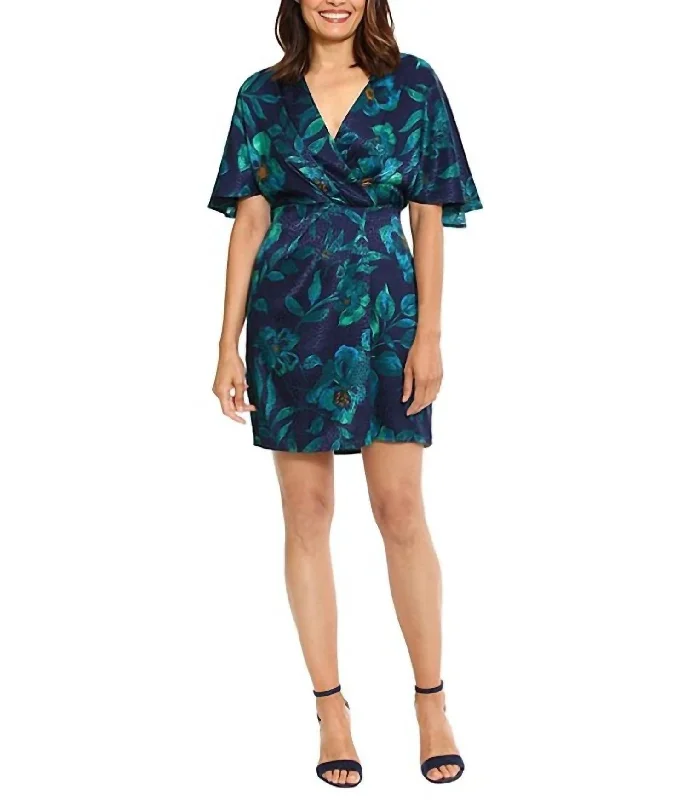 Short Flutter Sleeve V-Neck Dress In Navy / Teal