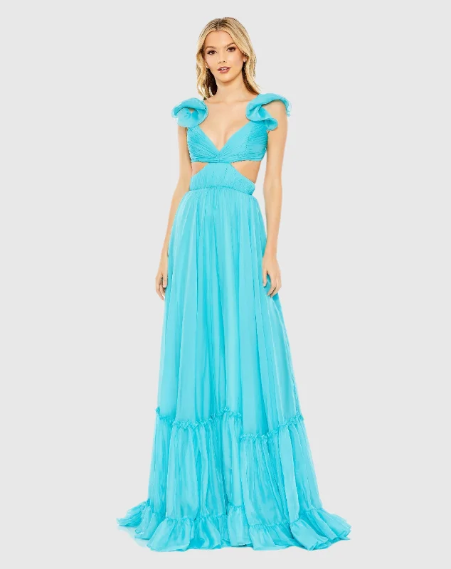 Blue Ruched Ruffled Shoulder Cut Out Lace Up Gown - FINAL SALE