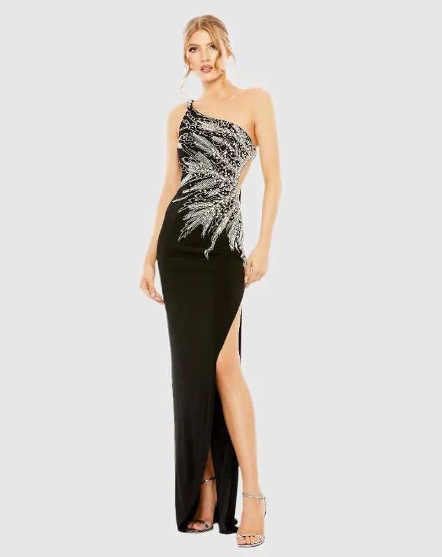 Embellished One Shoulder Cut Out Gown