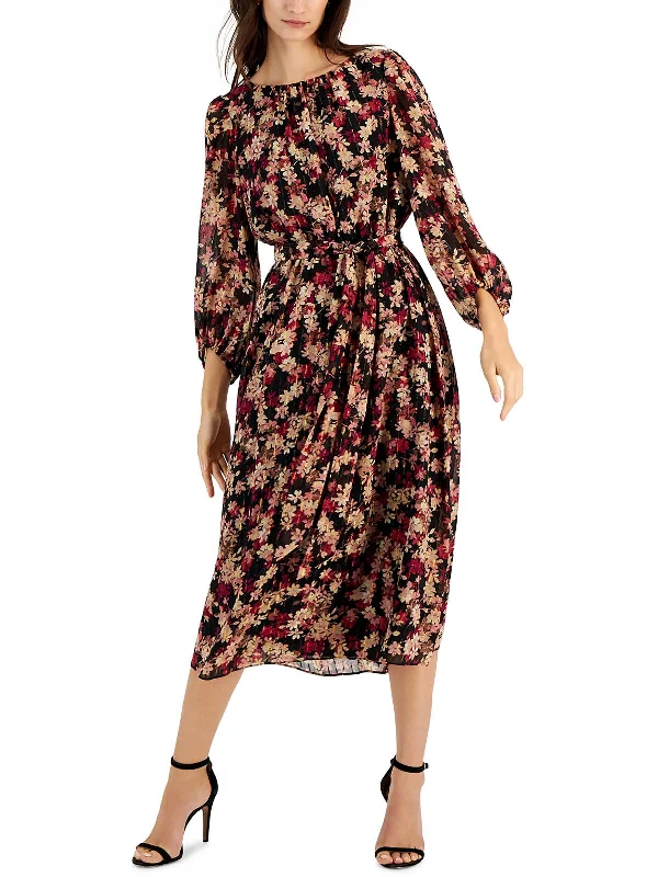 Womens Metalllic Floral Midi Dress