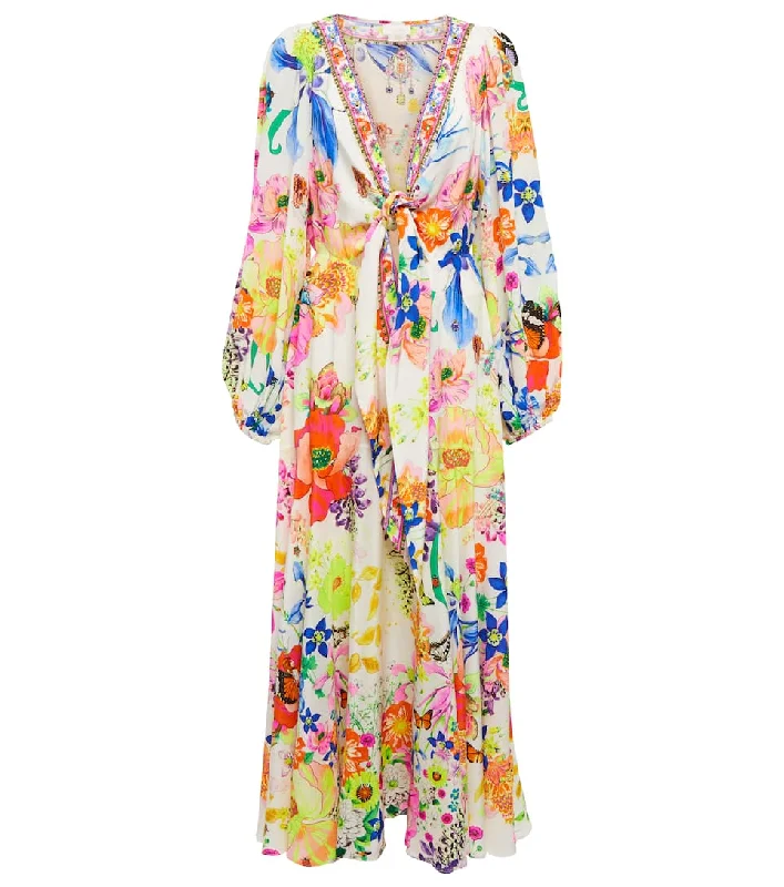 Camilla Women Shirred Waist Detail Fairy Gang Keyhole Silk Maxi Dress