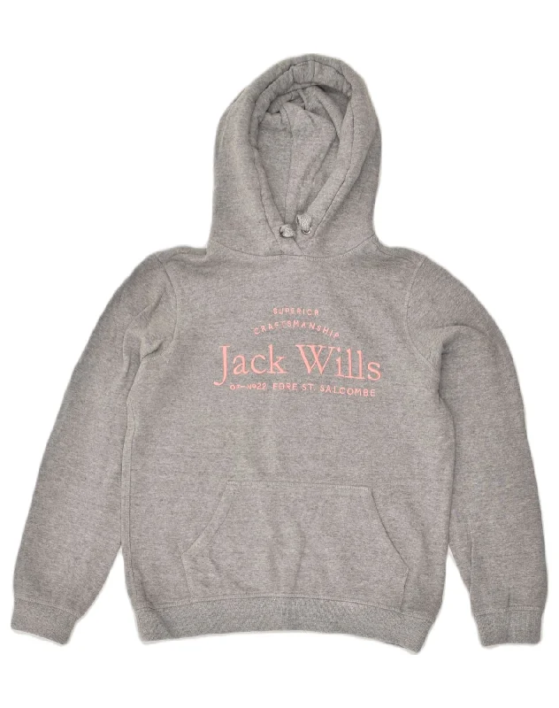 JACK WILLS Womens Graphic Hoodie Jumper UK 10 S Grey Cotton