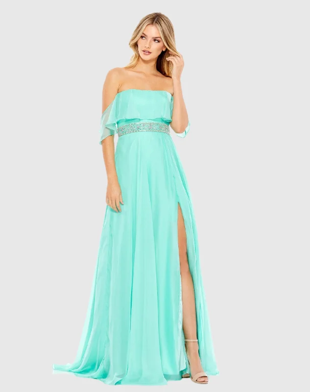 Blue Flowy Off-the-Shoulder Gown