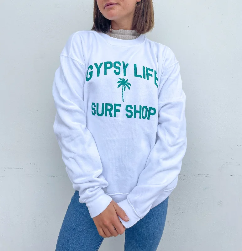 Gypsy Life Scant Palm Fleece Crew - White