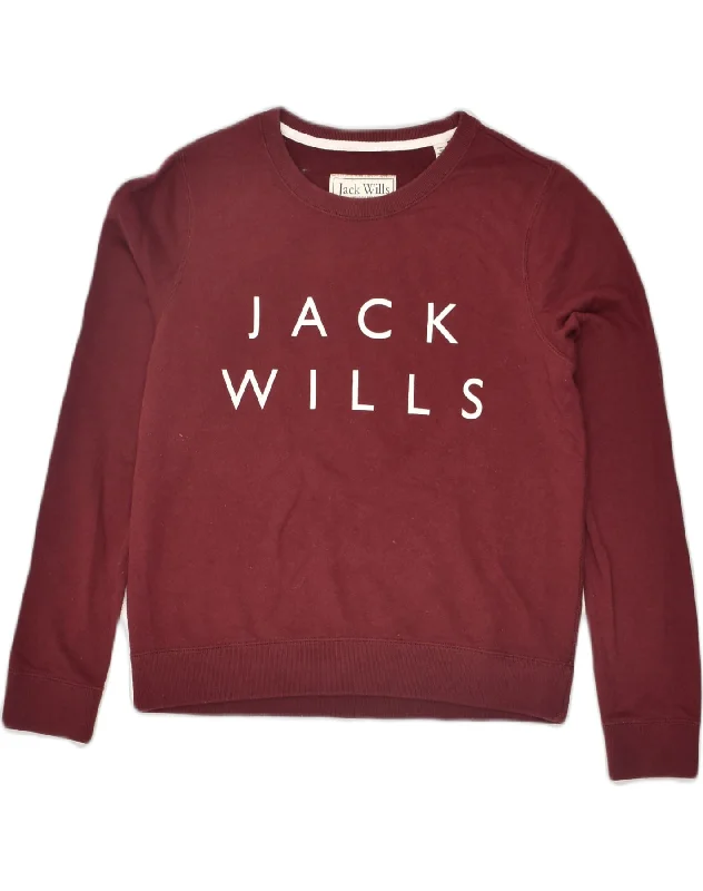 JACK WILLS Womens Graphic Sweatshirt Jumper UK 12 Medium  Burgundy Cotton