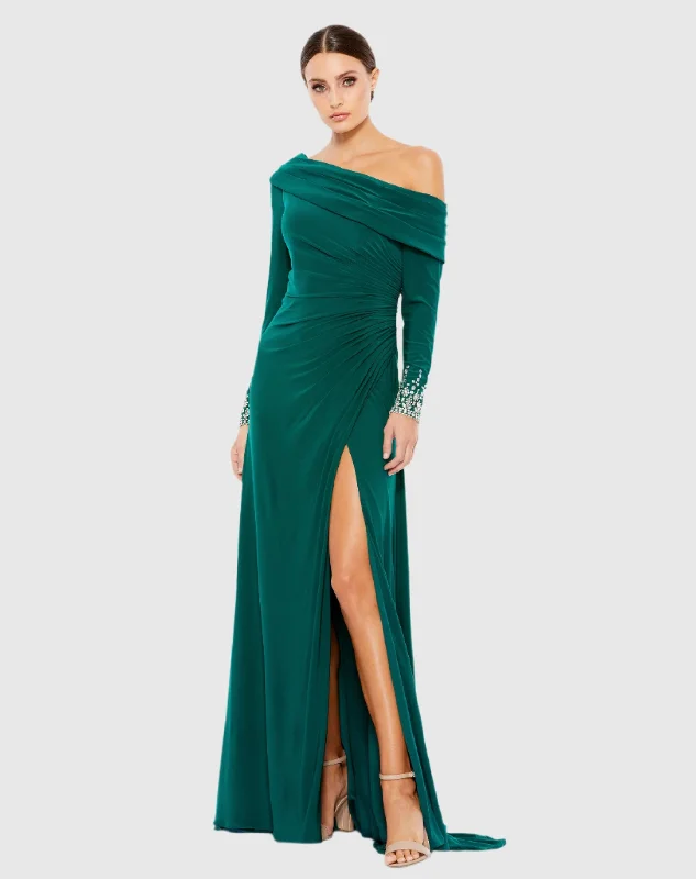 Green Beaded Cuff Drop Shoulder Faux Wrap Gown