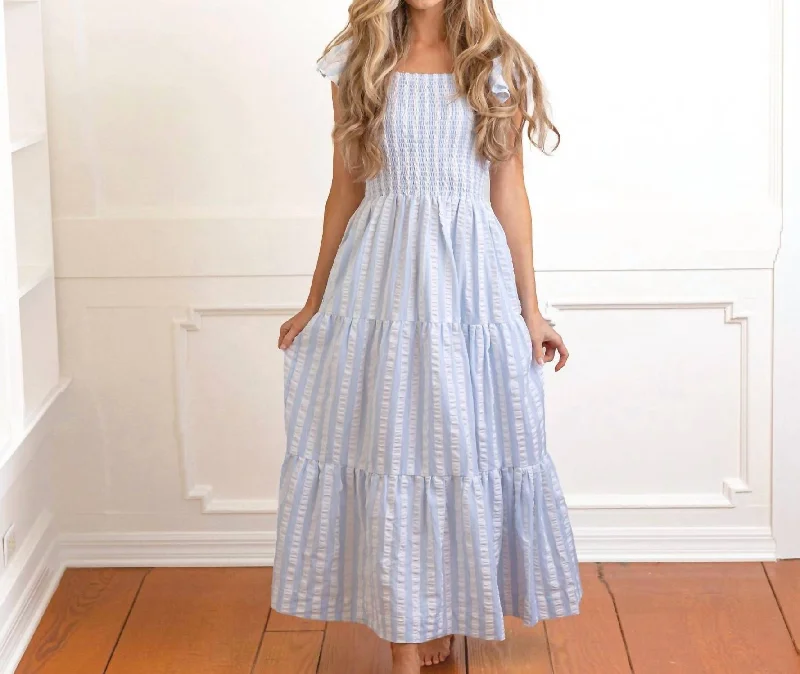 Textured Stripe Smocked House Dress In Blue & White