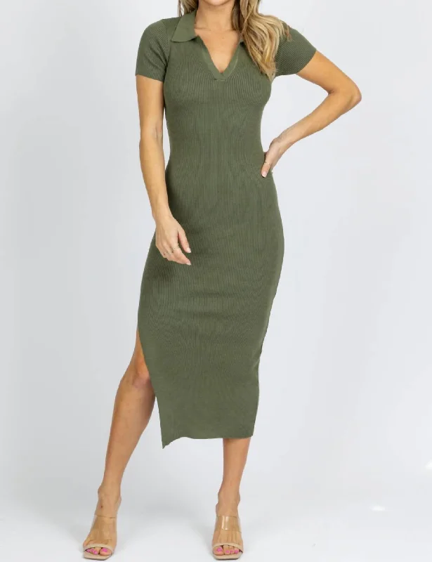 Collared Backless Knit Midi Dress In Olive