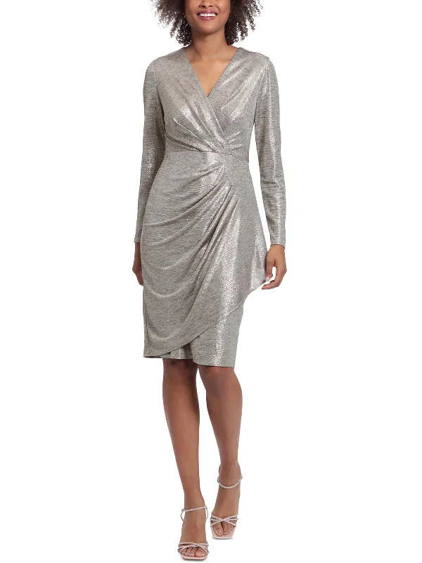 Petites Womens Jersey Metallic Cocktail and Party Dress